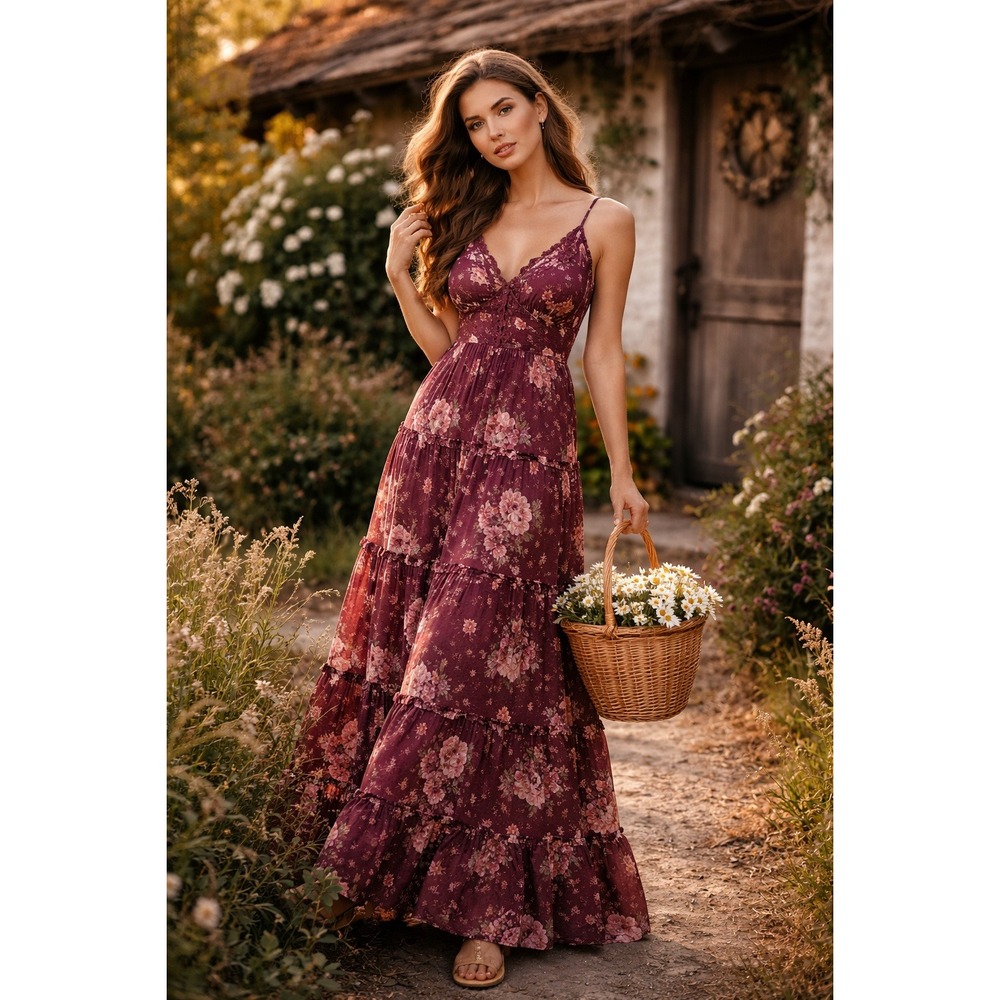 Unbranded Burgundy Tiered Maxi Dress Sleeveless Boho Romantic Cottagecore Witchy